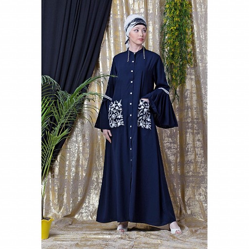 Front open embroidery abaya with Bell sleeves- Navy Blue